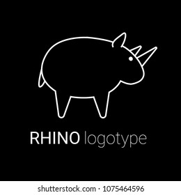 Nice line logo of an animal. Cute rhino with white body. Good choice of logotype for your company. Design of vector illustration on the black background.