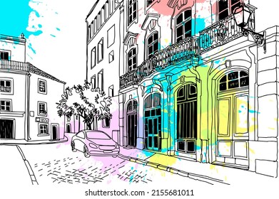 Nice Lisbon city street sketch. Urban landscape in hand drawn line style. Ink drawing. Vector illustration on blobs background