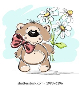 Nice little bear and a bouquet of flowers. Vector illustration.