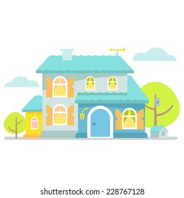 Nice little blue cottage. With trees, clouds, and doghouse