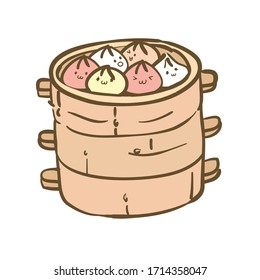 Nice little chinese steam bun smiley face cute cartoon character colorful sweet color in bamboo steamer basket.Lovely fluffy dim sum doodle line isolate on white background premium vector illustration