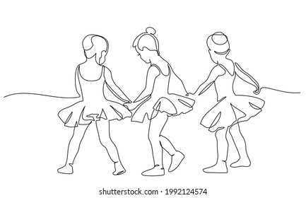 Nice little cute children girls in dance dress dancing ballet. One line continuous drawing. Single line art, doodle sketch. Vector illustration