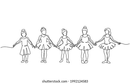 Nice little cute children girls in dance dress dancing ballet. One line continuous drawing. Single line art, doodle sketch. Vector illustration