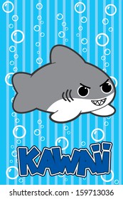 A nice little evil shark on a sea background. Japanese style. Vector illustration. Kawaii.