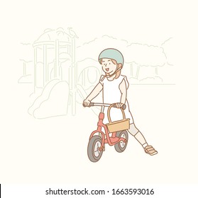 Nice little girl in blue helmet riding her bike. Hand drawn style vector design illustrations.