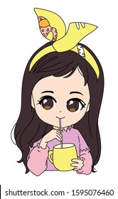 A nice little girl drinks a cup of juice or a cold drink. A girl drinks a healthy drink and looks at something