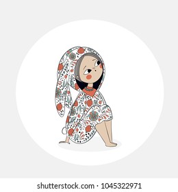 A nice little girl in kigurumi sits on the floor. Vector illustration of a person. Beautiful clothes depicting animals and plants.
