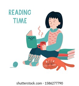 A nice little girl sitting on the floor and reading a book. There is a sleeping cute cat, a clew and a stack of books near her. Reading time lettering. Vector illustration isolated on white.