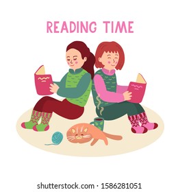 Nice little girls sitting on the floor and reading books. There is a mug of tea and a cute sleeping cat near them. Reading time lettering. Vector illustration isolated on white background.