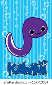 A nice little happy eel on a sea background. Japanese style. Vector illustration. Kawaii.
