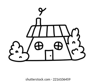 Nice little house with bushes. Children's drawing. Vector illustration in doodle style