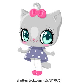 Nice little kitten in a blue dress. Children character