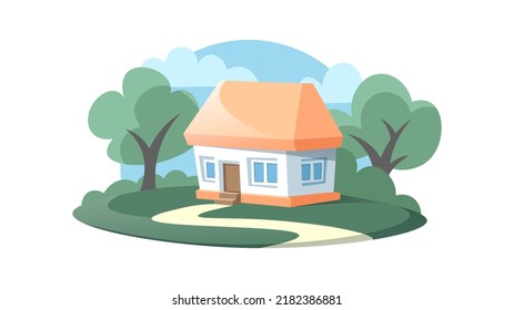 Nice little Slavic house with yard. Summer village illustration of traditional Ukrainian house isolated on white background.