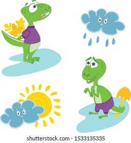 Nice little vector dinosaurs with clouds and autumn leaf 