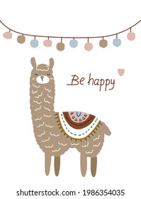 Bonita llama. Papel para niños en tela, camiseta, afiche, postal, ducha de bebé. Ilustración del vector