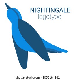 Nice logo of a bird. Cute nightingale with blue wings and body. Good choice of logotype for your company. Design of vector illustration on the white background.