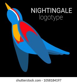 Nice logo of a bird. Cute nightingale with blue, red, white, yellow wings and body. Good choice of logotype for your company. Design of vector illustration on the black background.