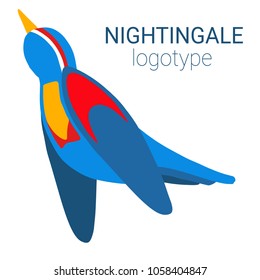 Nice logo of a bird. Cute nightingale with blue, red, white, yellow wings and body. Good choice of logotype for your company. Design of vector illustration on the white background.