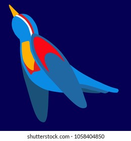 Nice logo of a bird. Cute nightingale with blue, red, white, yellow wings and body. Good choice of logotype for your company. Design of vector illustration on the blue background.