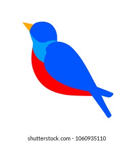 Nice logo of a bird. Cute thrush with blue wings and red body and yellow beak. Good choice of logotype for your company. Design of vector illustration on the white background.