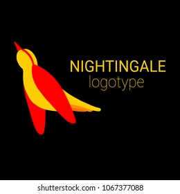 Nice logo of a small bird. Cute nightingale with red wings and yellow body. Good choice of logotype for your company. Design of vector illustration on the black background.