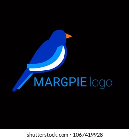 Nice logo of a small bird. Cute magpie with blue wings and body. Good choice of logotype for your company. Design of vector illustration on the black background.