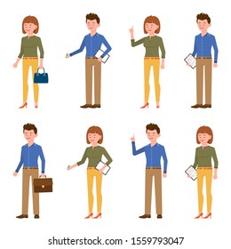 Nice looking, young business man and woman vector illustration. Standing side view, writing notes, pointing finger male and female cartoon character set