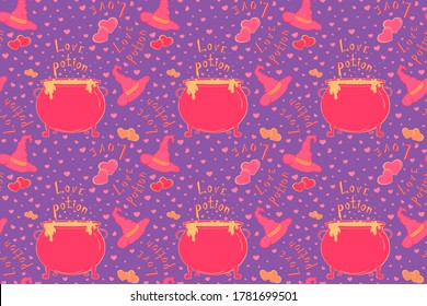 Nice love potion seamless pattern . Cute halloween or valentine's day illustration with witch hat and cauldron for wrapping paper, wallpaper, fabric, textile