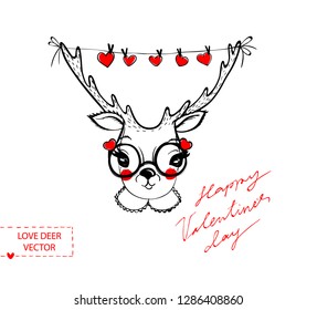 Nice lovely hand drawn illustrations of deer. Valentine's day card or images for love story. Black and red Vector illustrations