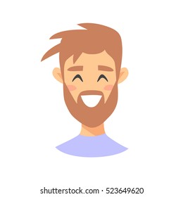 Nice male emoji character. Cartoon style emotion icon. Isolated boys avatar with smiling facial expression. Flat illustration men's emotional face. Hand drawn vector drawing emoticon