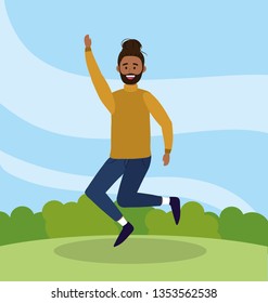 nice man with beard and jumping with casual clothes