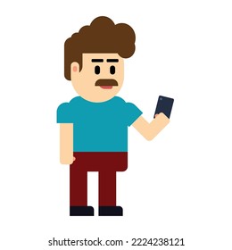 nice man with a mustache and a phone in his hands. flat vector illustration