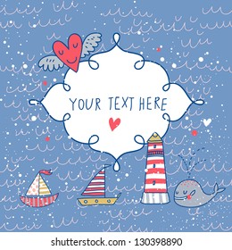 Nice marine background in vector with cute smiling whale in cartoon style.