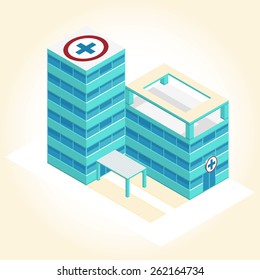 Nice medical isometric building illustration for scientific article web blog and presentation blue nice pharmacy pictogram clinic hospital chemistry flatten isolated illustration vector