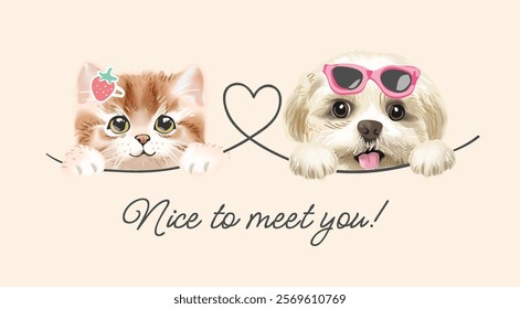 nice to meet you slogan with cute pets vector illustration 