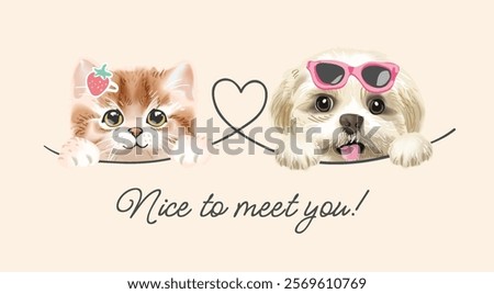 nice to meet you slogan with cute pets vector illustration 