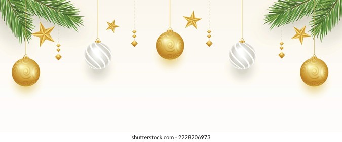 nice merry christmas greeting banner with 3d ball and green fir vector 