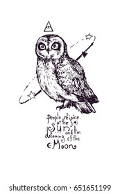 Nice modern illustration with mad owl. Formidable night predator, or people who have sleepless. Drawn by hand. 