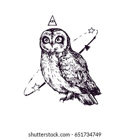 Nice modern illustration with mad owl. Formidable night predator, or people who have sleepless. Drawn by hand. 