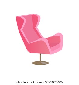 Nice modern pink chair banner vector illustration of stylish curved shapes seat with grey oval stand, bent lines, picture isolated on white background