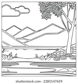 Nice Mountain, river and Sky landscape coloring Book. Vector illustration.