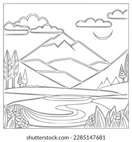 Nice Mountain, river and Sky landscape coloring Book. Vector illustration.