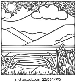 Nice Mountain, river and Sky landscape coloring Book. Vector illustration.