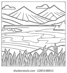 Nice Mountain, river and Sky landscape coloring Book. Vector illustration.
