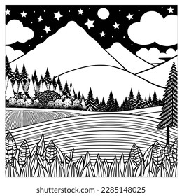 Schönes Landschaftsbuch für Berge, Fluss und Himmel. Vektorgrafik.