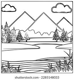 Nice Mountain, river and Sky landscape coloring Book. Vector illustration.