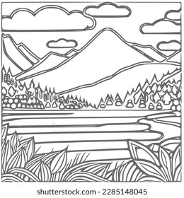 Nice Mountain, river and Sky landscape coloring Book. Vector illustration.