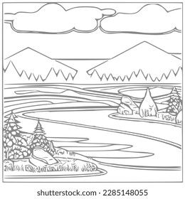 Nice Mountain, river and Sky landscape coloring Book. Vector illustration.
