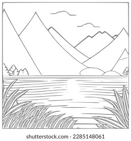 Niza Montaña, río y paisaje de cielo coloreado Libro. Ilustración vectorial.