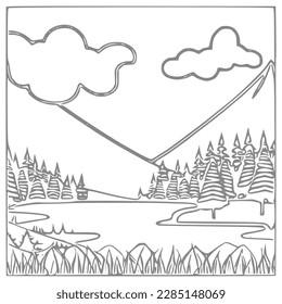 Nice Mountain, river and Sky landscape coloring Book. Vector illustration.